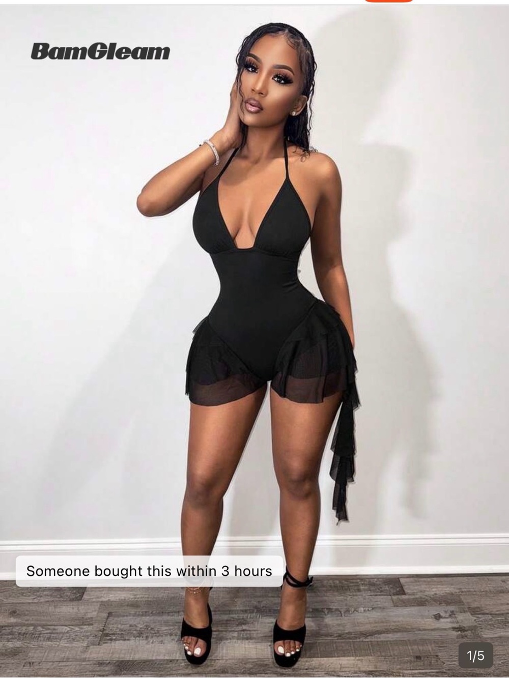BamGleam Black Halter Sheer Ruffle Romper